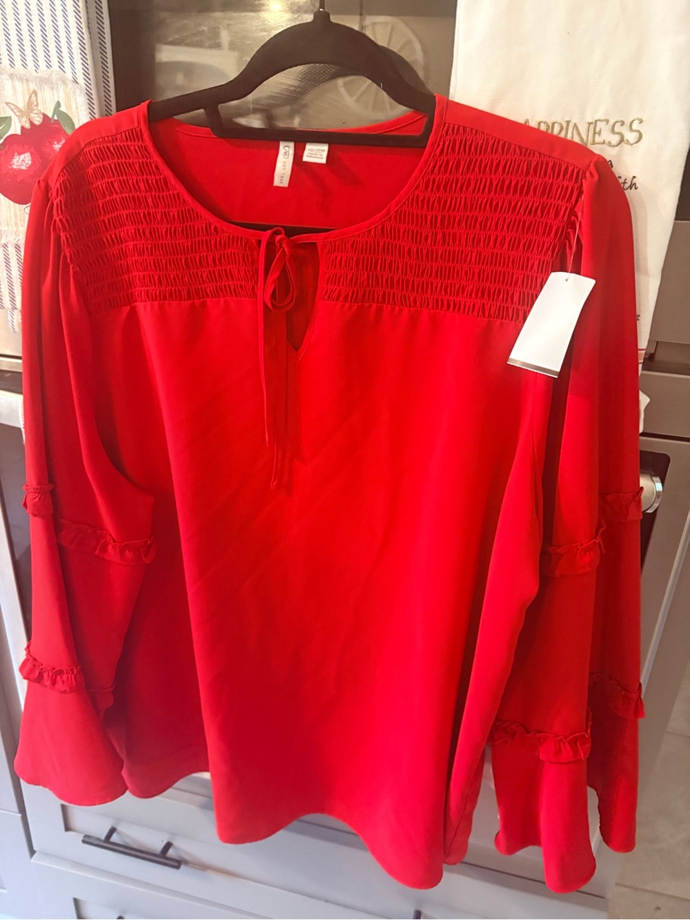 Cato Windsor Red Smocked Yoke Tie-Neck Long Sleeve Blouse